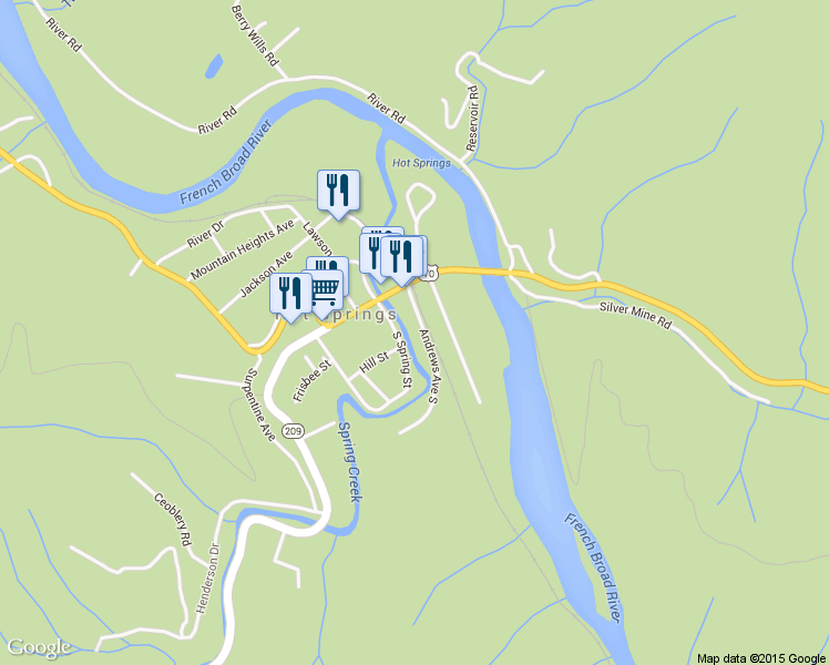 map of restaurants, bars, coffee shops, grocery stores, and more near 106 Andrews Avenue South in Hot Springs