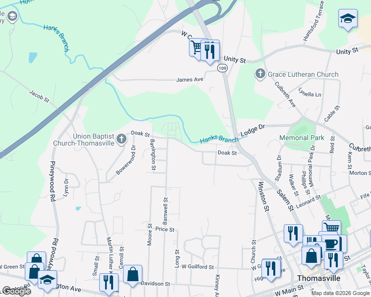 map of restaurants, bars, coffee shops, grocery stores, and more near 419 Doak Street in Thomasville