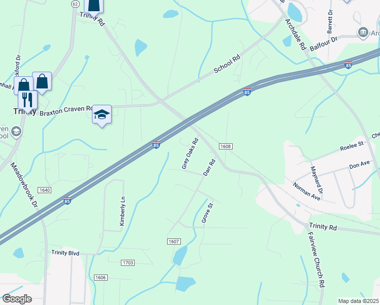map of restaurants, bars, coffee shops, grocery stores, and more near Grey Oaks Road in Trinity