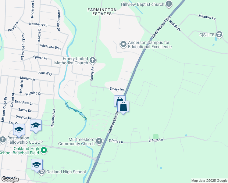 map of restaurants, bars, coffee shops, grocery stores, and more near 2874 Emery Road in Murfreesboro