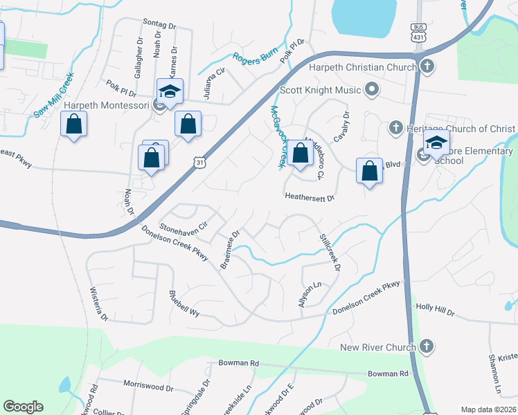 map of restaurants, bars, coffee shops, grocery stores, and more near 734 Braemere Drive in Franklin