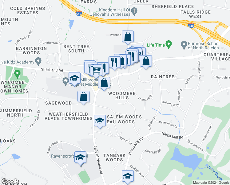 map of restaurants, bars, coffee shops, grocery stores, and more near 7205 Bolero Circle in Raleigh