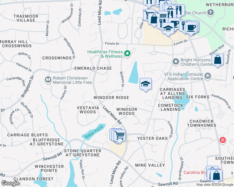 map of restaurants, bars, coffee shops, grocery stores, and more near 8212 Woburn Drive in Raleigh