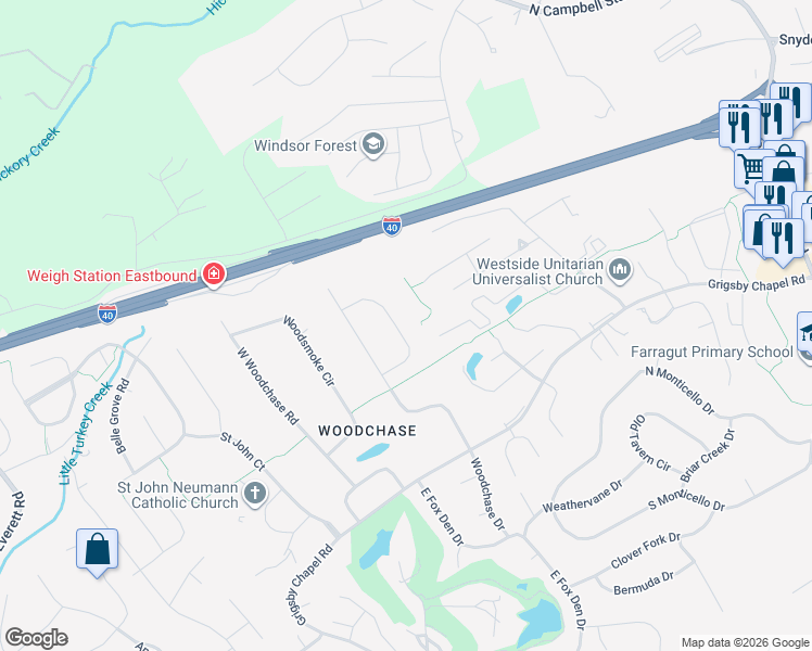 map of restaurants, bars, coffee shops, grocery stores, and more near 928 Blackstone Drive in Knoxville