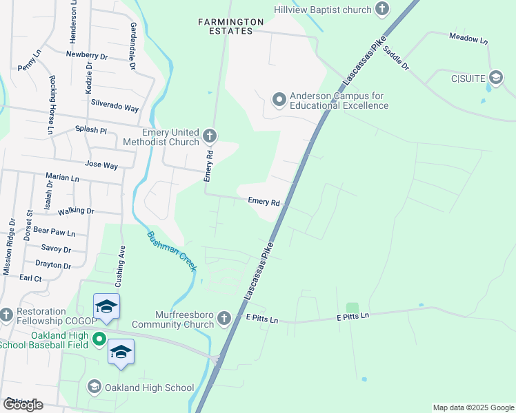 map of restaurants, bars, coffee shops, grocery stores, and more near 2874 Emery Road in Murfreesboro