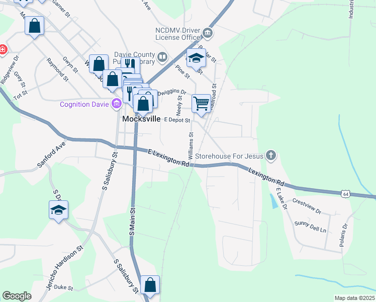 map of restaurants, bars, coffee shops, grocery stores, and more near 153 Williams Street in Mocksville