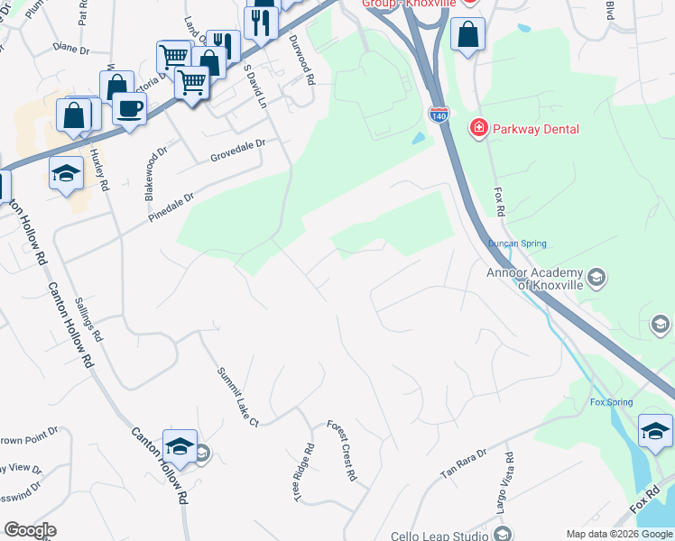 map of restaurants, bars, coffee shops, grocery stores, and more near 10208 Doyle Lane in Knoxville