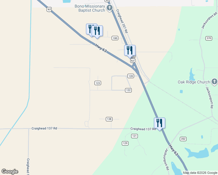 map of restaurants, bars, coffee shops, grocery stores, and more near 312 County Road 120 in Bono