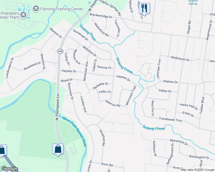 map of restaurants, bars, coffee shops, grocery stores, and more near 1711 Berkeley Street in Murfreesboro
