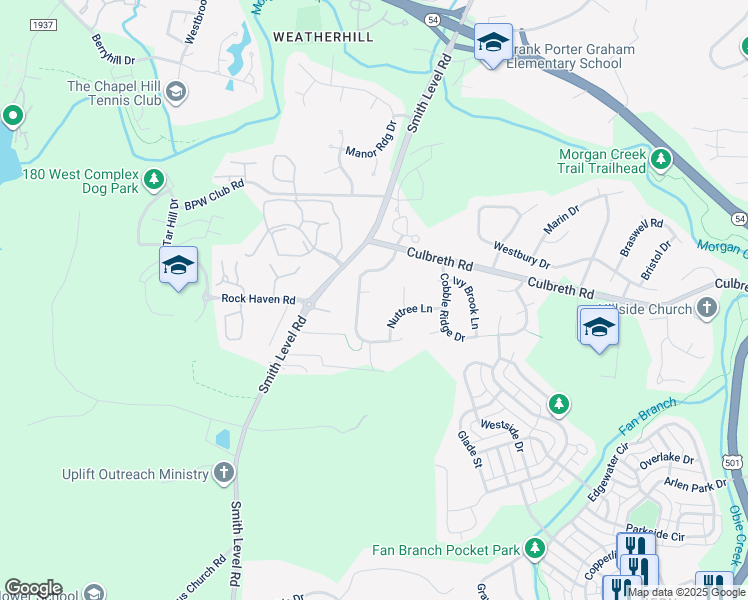 map of restaurants, bars, coffee shops, grocery stores, and more near 102 Palomar Point in Chapel Hill