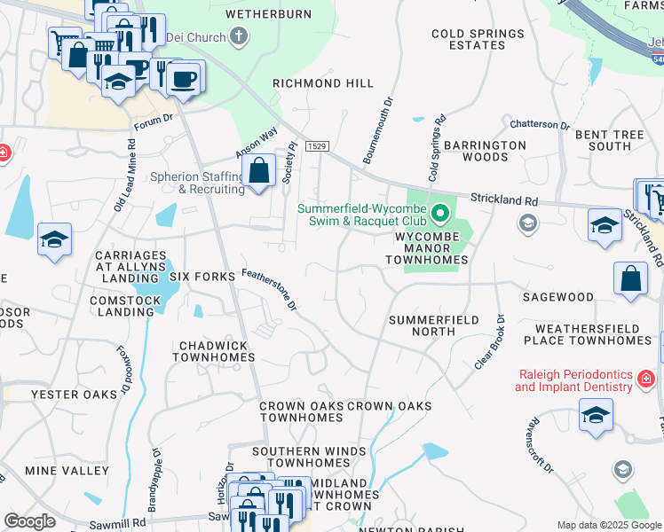 map of restaurants, bars, coffee shops, grocery stores, and more near 8441 Summersprings Lane in Raleigh