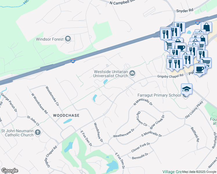 map of restaurants, bars, coffee shops, grocery stores, and more near 674 Applegate Lane in Farragut