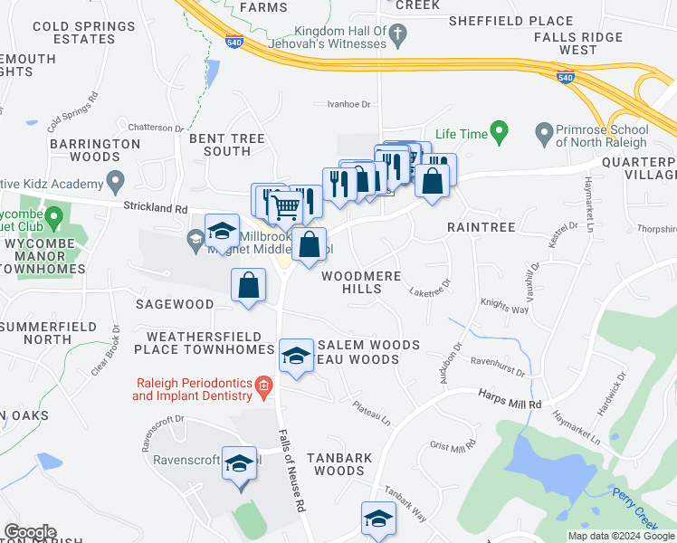 map of restaurants, bars, coffee shops, grocery stores, and more near 7205 Bolero Circle in Raleigh