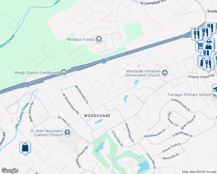 map of restaurants, bars, coffee shops, grocery stores, and more near 928 Blackstone Drive in Knoxville