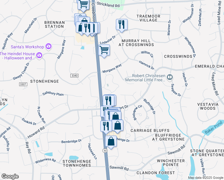 map of restaurants, bars, coffee shops, grocery stores, and more near 7904 Falcon Rest Circle in Raleigh