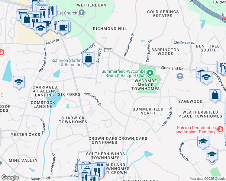 map of restaurants, bars, coffee shops, grocery stores, and more near 8441 Summersprings Lane in Raleigh