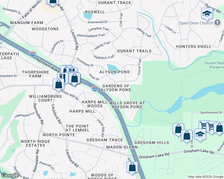 map of restaurants, bars, coffee shops, grocery stores, and more near 2512 Sugar Maple Court in Raleigh