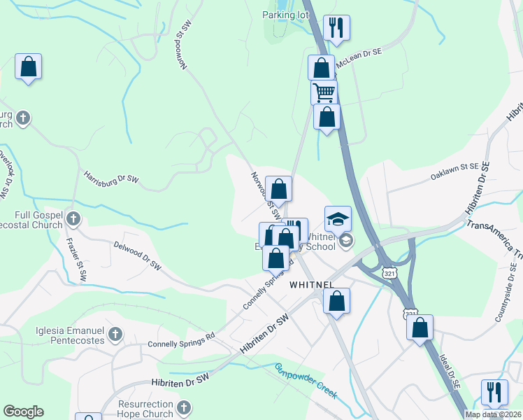 map of restaurants, bars, coffee shops, grocery stores, and more near 307 Summit Place Southwest in Lenoir