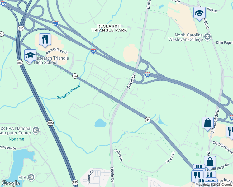 map of restaurants, bars, coffee shops, grocery stores, and more near 21 Davis Drive in Durham County