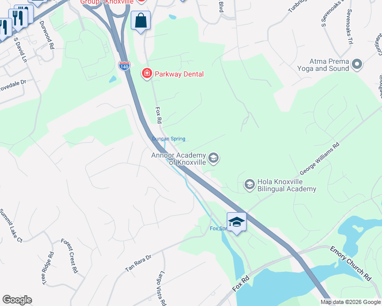 map of restaurants, bars, coffee shops, grocery stores, and more near 504 Fox Road in Knoxville
