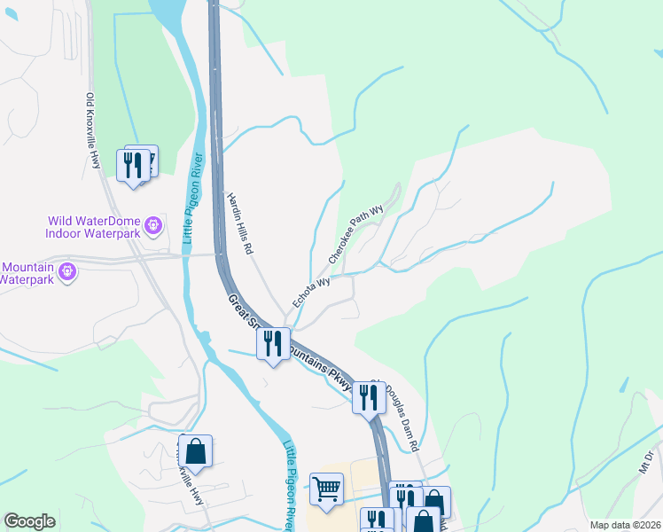 map of restaurants, bars, coffee shops, grocery stores, and more near 221 Cherokee Path Way in Sevierville