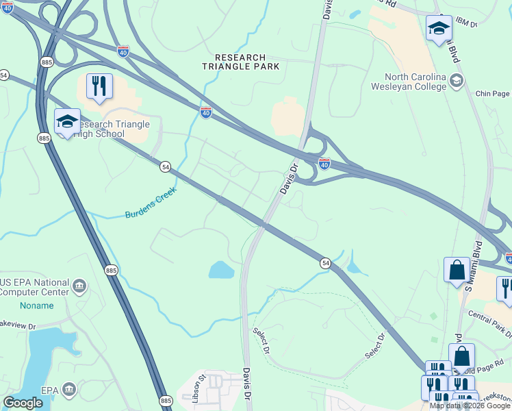 map of restaurants, bars, coffee shops, grocery stores, and more near 21 Davis Drive in Durham County