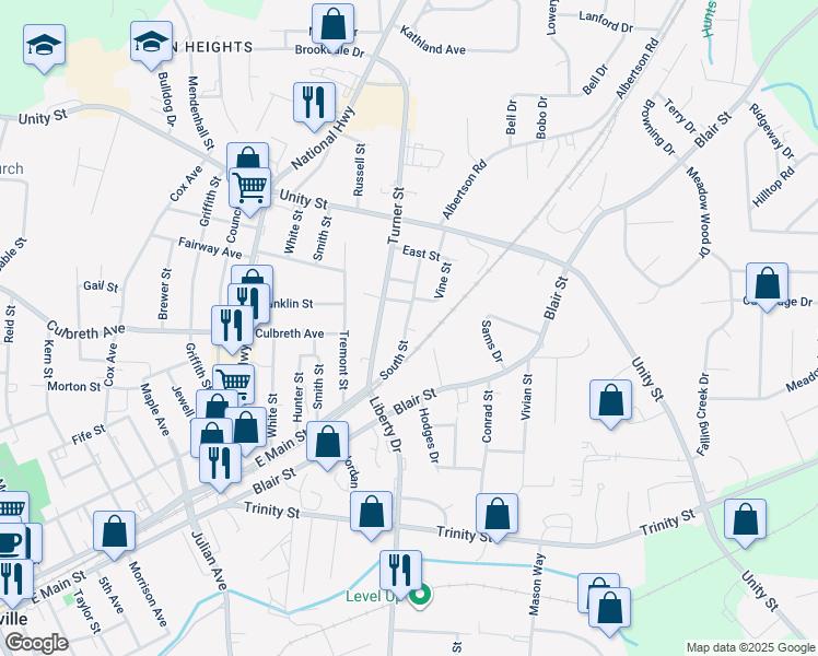 map of restaurants, bars, coffee shops, grocery stores, and more near 111 South Street in Thomasville