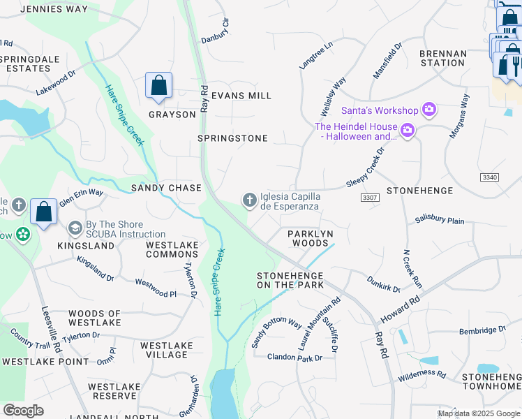 map of restaurants, bars, coffee shops, grocery stores, and more near 8119 Andrea Lane in Raleigh