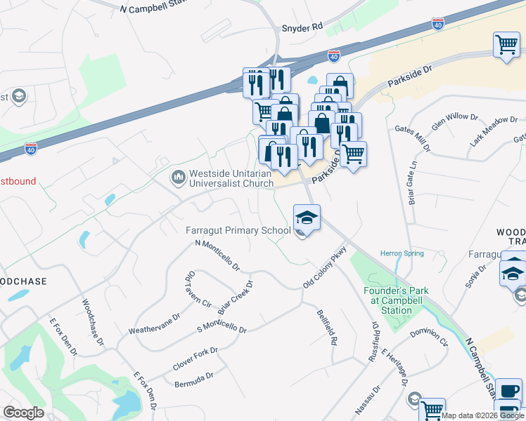 map of restaurants, bars, coffee shops, grocery stores, and more near 462 Chapel Grove Lane in Knoxville