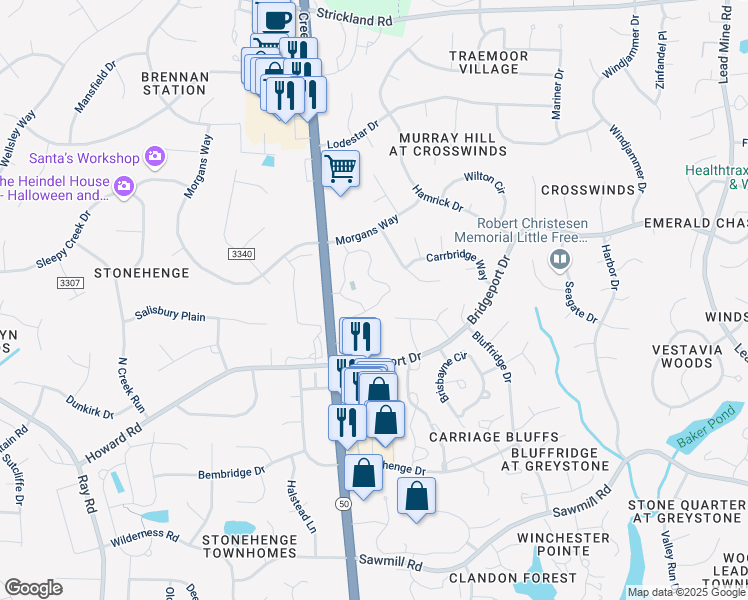 map of restaurants, bars, coffee shops, grocery stores, and more near 7820 Falcon Rest Circle in Raleigh