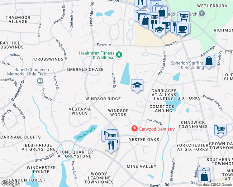 map of restaurants, bars, coffee shops, grocery stores, and more near 8212 Woburn Drive in Raleigh