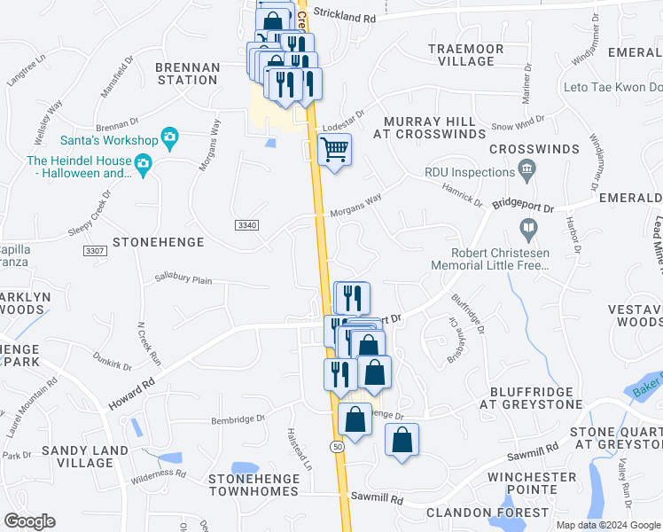 map of restaurants, bars, coffee shops, grocery stores, and more near 7933 Falcon Rest Circle in Raleigh