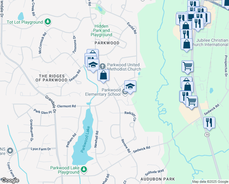 map of restaurants, bars, coffee shops, grocery stores, and more near 1500 Clermont Road in Durham