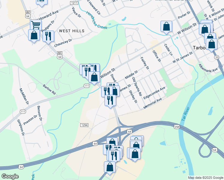 map of restaurants, bars, coffee shops, grocery stores, and more near 402 Country Road in Tarboro