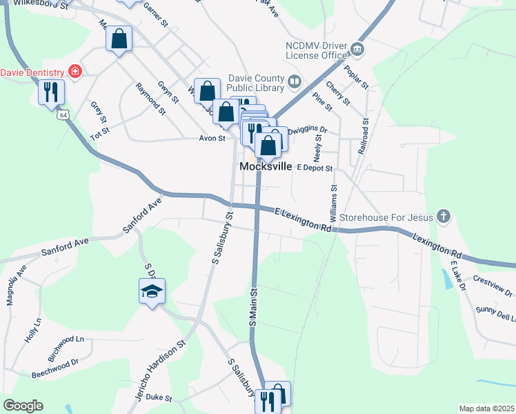 map of restaurants, bars, coffee shops, grocery stores, and more near U.S. Highway 64 in Mocksville