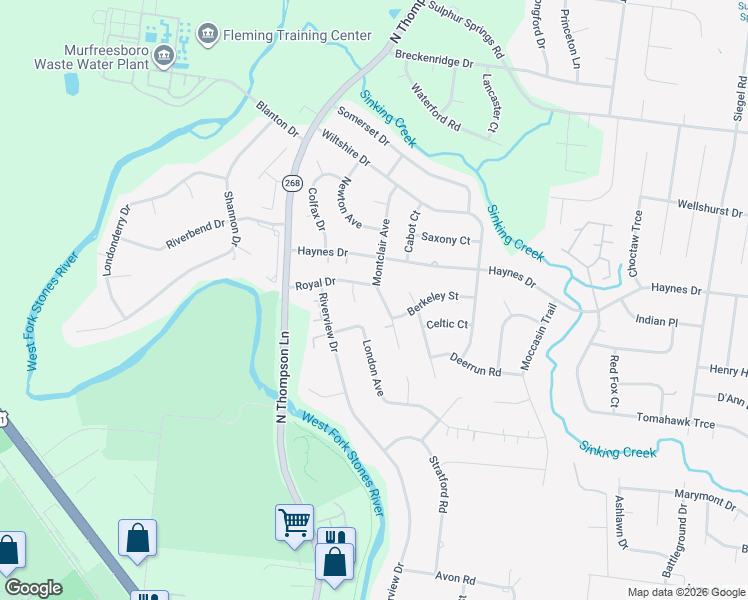 map of restaurants, bars, coffee shops, grocery stores, and more near 2411 Montclair Avenue in Murfreesboro