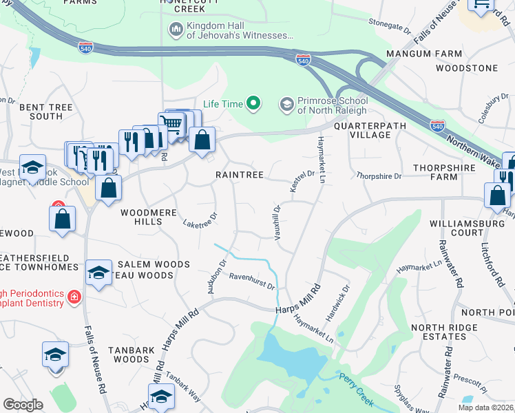 map of restaurants, bars, coffee shops, grocery stores, and more near 1317 Wagram Court in Raleigh