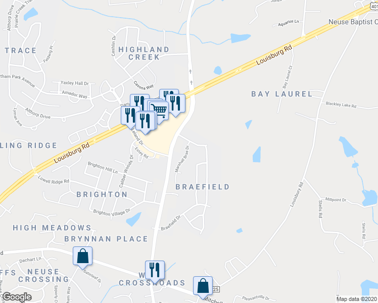 map of restaurants, bars, coffee shops, grocery stores, and more near 8246 Marshall Brae Drive in Raleigh