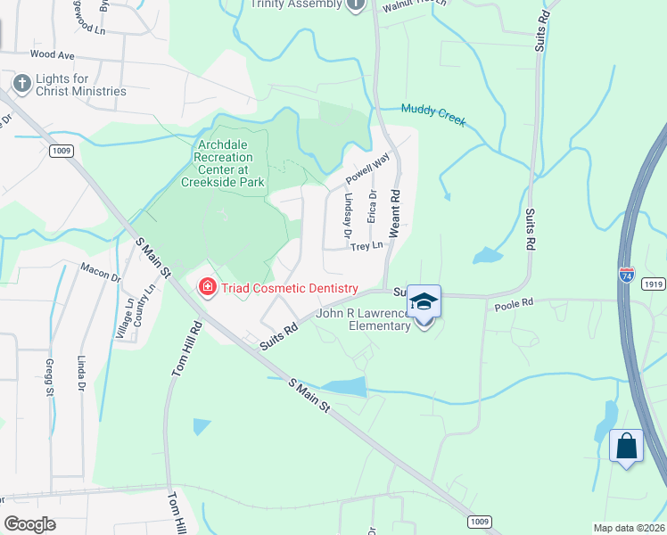 map of restaurants, bars, coffee shops, grocery stores, and more near 613 Powell Way in Archdale
