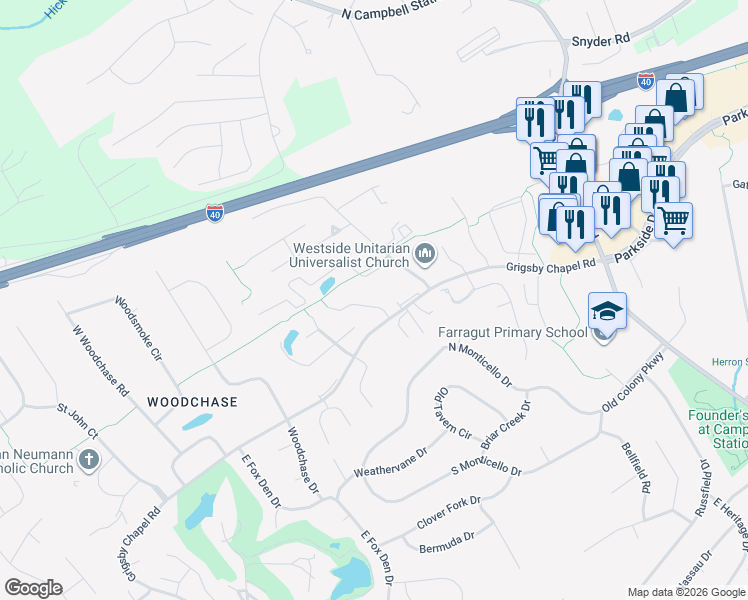 map of restaurants, bars, coffee shops, grocery stores, and more near 624 Applegate Lane in Knoxville