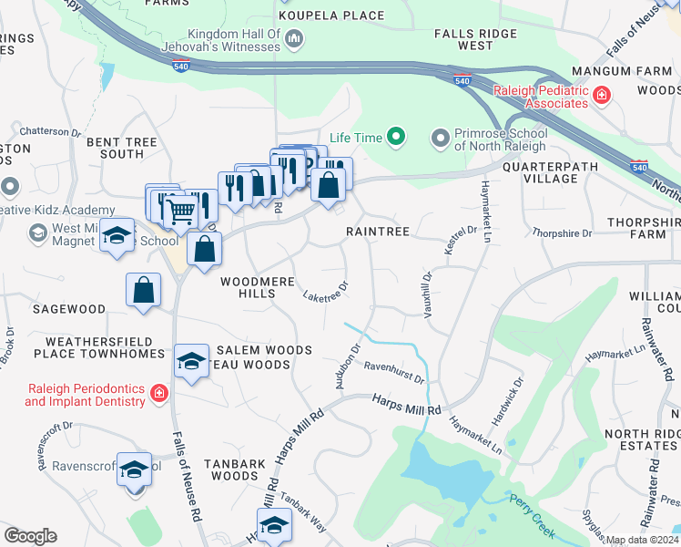 map of restaurants, bars, coffee shops, grocery stores, and more near 7200 Laketree Drive in Raleigh