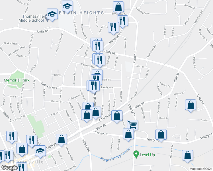 map of restaurants, bars, coffee shops, grocery stores, and more near 902 Culbreth Ave in Thomasville