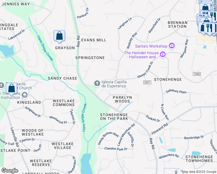 map of restaurants, bars, coffee shops, grocery stores, and more near 8128 Andrea Lane in Raleigh