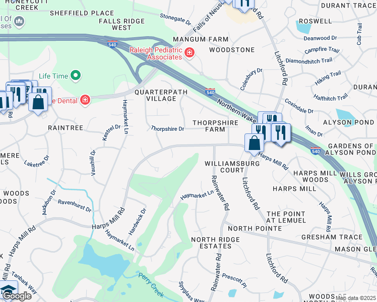 map of restaurants, bars, coffee shops, grocery stores, and more near 8112 Harps Mill Road in Raleigh