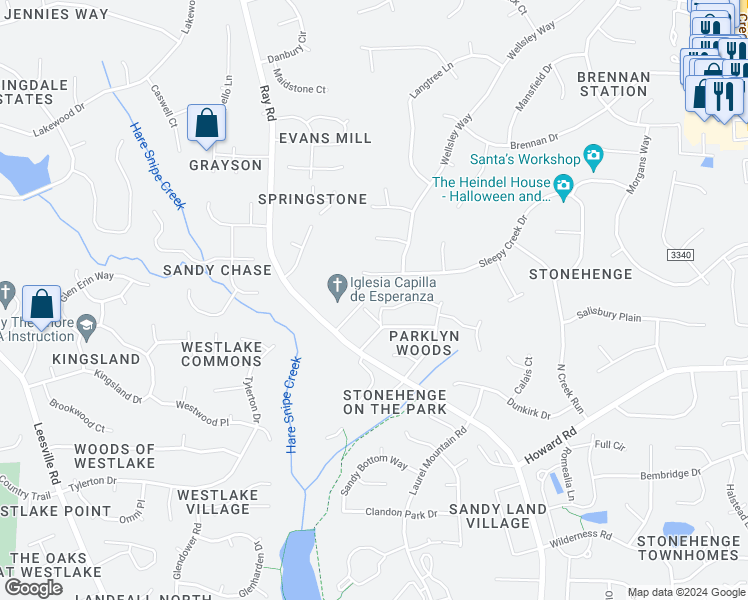 map of restaurants, bars, coffee shops, grocery stores, and more near 8128 Andrea Lane in Raleigh