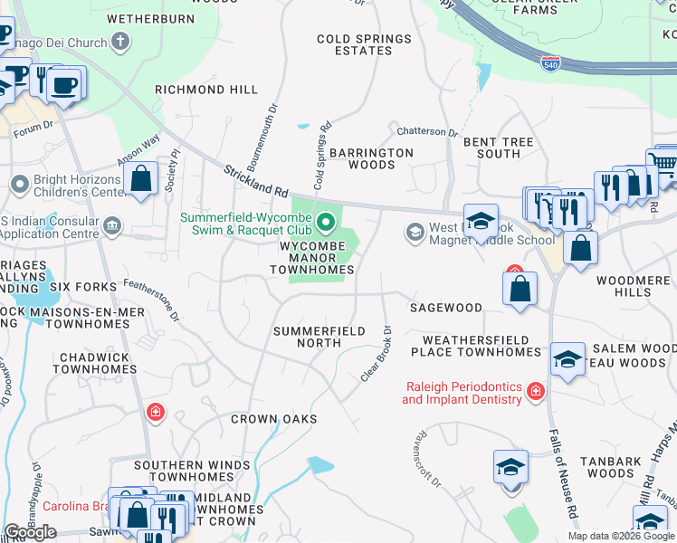 map of restaurants, bars, coffee shops, grocery stores, and more near 8328 Wycombe Lane in Raleigh
