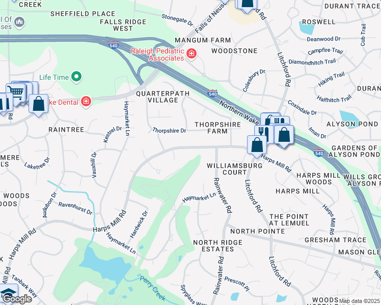 map of restaurants, bars, coffee shops, grocery stores, and more near 8112 Harps Mill Road in Raleigh