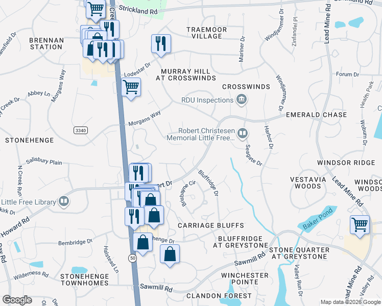 map of restaurants, bars, coffee shops, grocery stores, and more near 8401 Caldbeck Drive in Raleigh