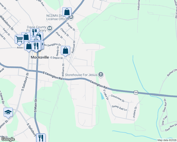 map of restaurants, bars, coffee shops, grocery stores, and more near 131 Center Street in Mocksville