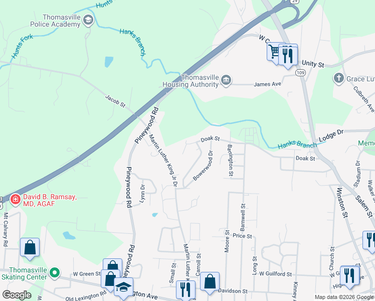 map of restaurants, bars, coffee shops, grocery stores, and more near 1007 Doak Court in Thomasville